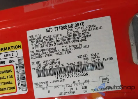 2015 Ford Mustang Gt Premium z USA, uszkodzony, nr VIN 1FA6P8CF2F5368038